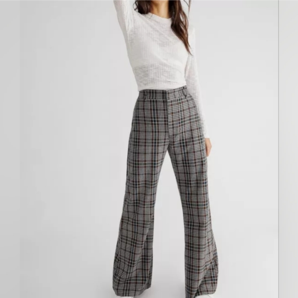 🩶🤎 Free People Jules Plaid Wide Leg Flare Pant, 10, NWT